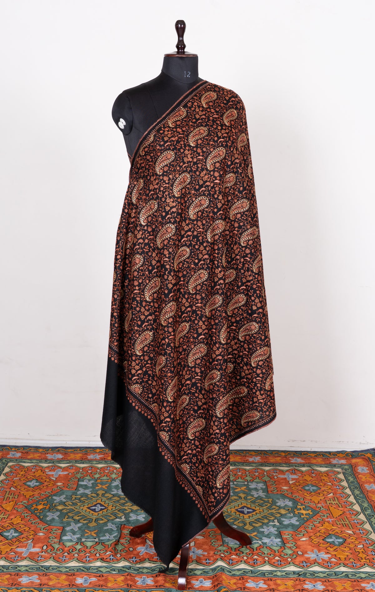 Copperwood Tapestry Fine Merino Wool Shawl with Sozni Hand Embroidered Paisley and Floral Patterns