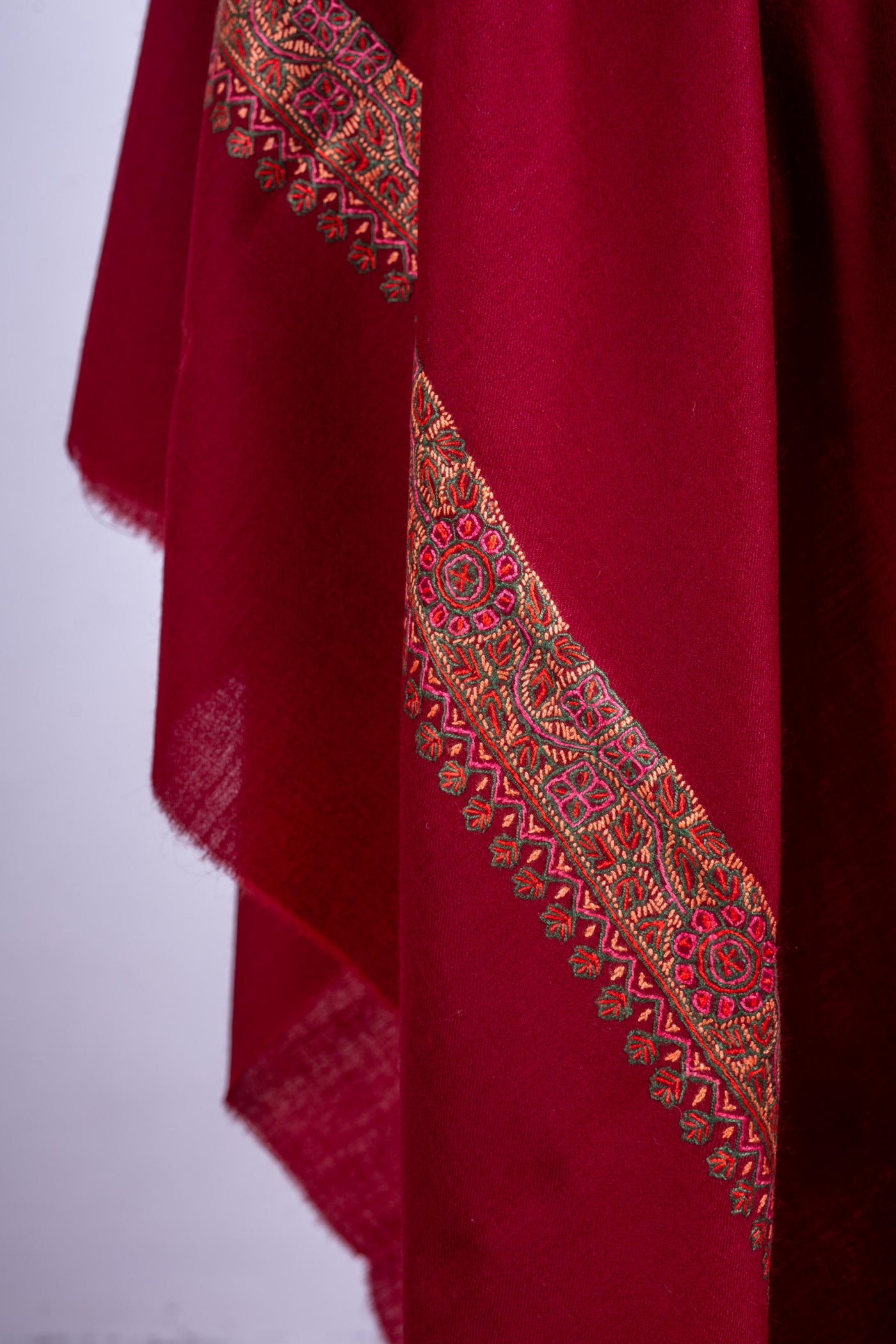 Scarlet Radiance - Merino Wool Hand-Embroidered Sozni Shawl