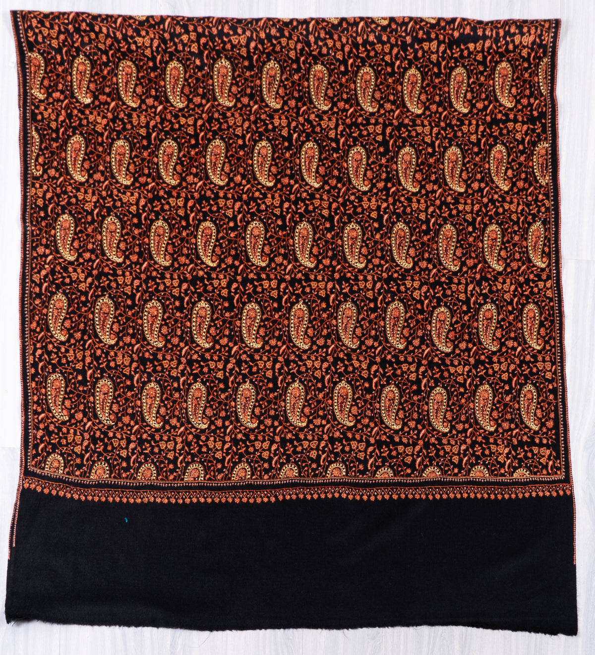 Copperwood Tapestry Fine Merino Wool Shawl with Sozni Hand Embroidered Paisley and Floral Patterns