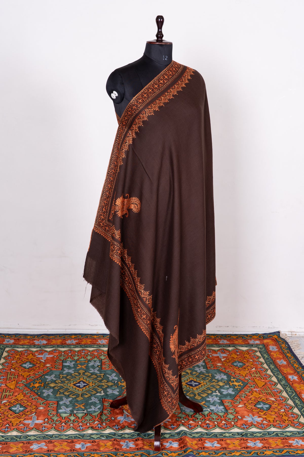 Amber Twilight Fine Merino Wool Shawl with Copper Sozni Hand Embroidered Ornamental Borders