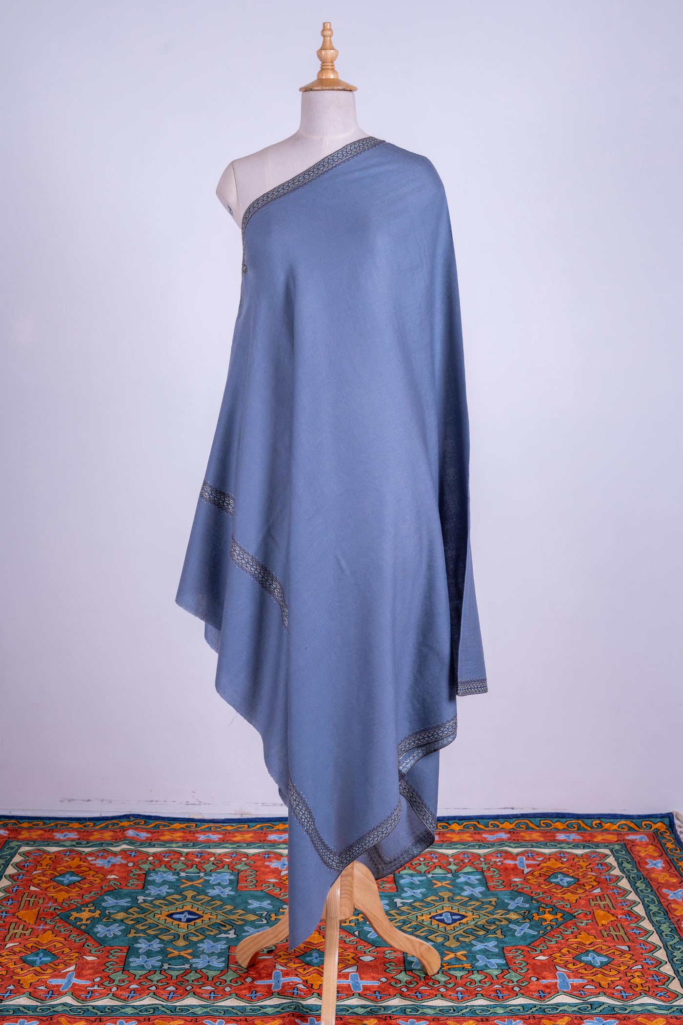 Steel Blue Grace - Hand-Embroidered Sozni Merino Wool Shawl