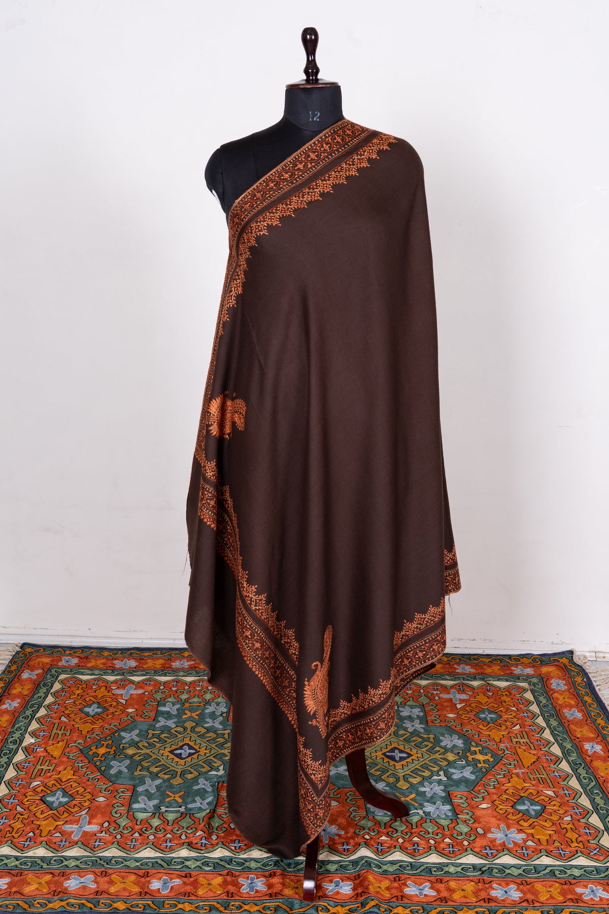Amber Twilight Fine Merino Wool Shawl with Copper Sozni Hand Embroidered Ornamental Borders