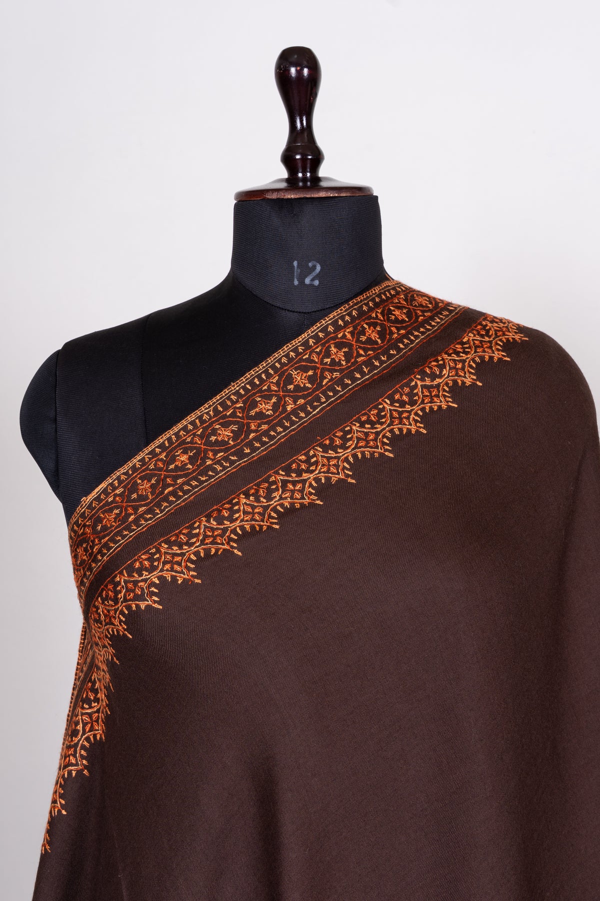 Amber Twilight Fine Merino Wool Shawl with Copper Sozni Hand Embroidered Ornamental Borders