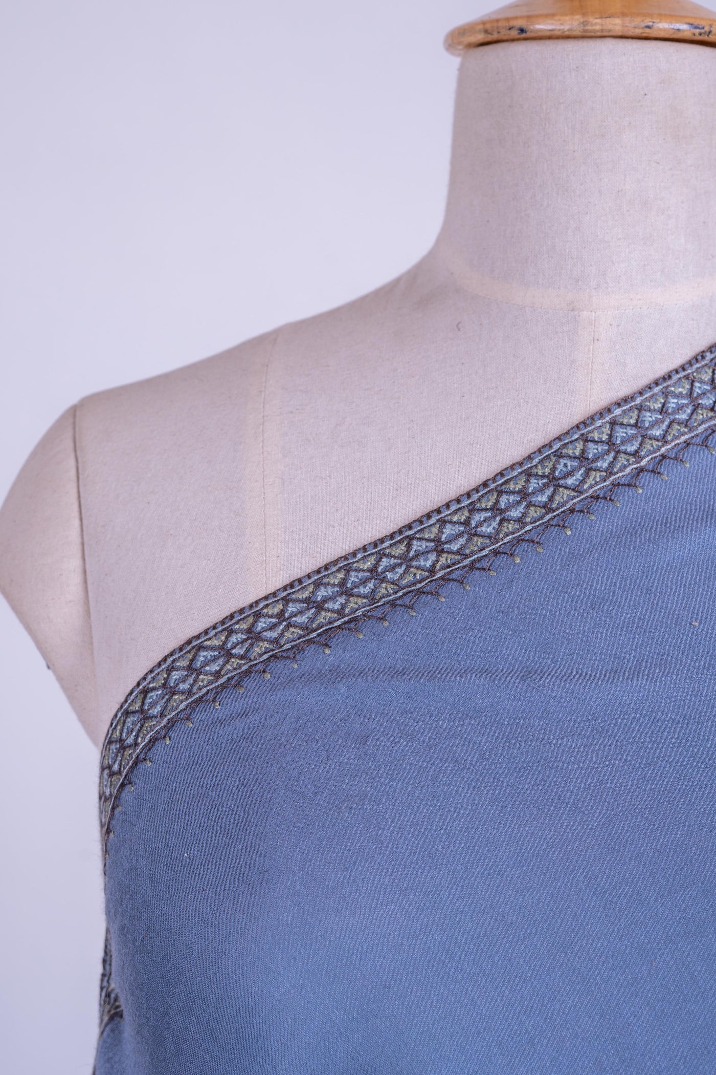 Steel Blue Grace - Hand-Embroidered Sozni Merino Wool Shawl