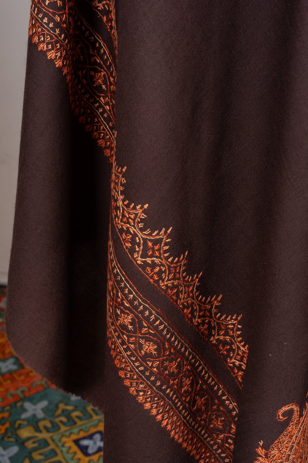 Amber Twilight Fine Merino Wool Shawl with Copper Sozni Hand Embroidered Ornamental Borders