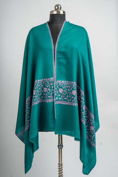 Emerald Blossom Hand Embroidered Merino Wool Sozni Scarf