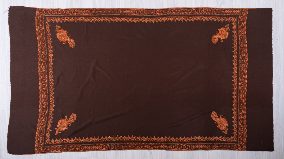Amber Twilight Fine Merino Wool Shawl with Copper Sozni Hand Embroidered Ornamental Borders