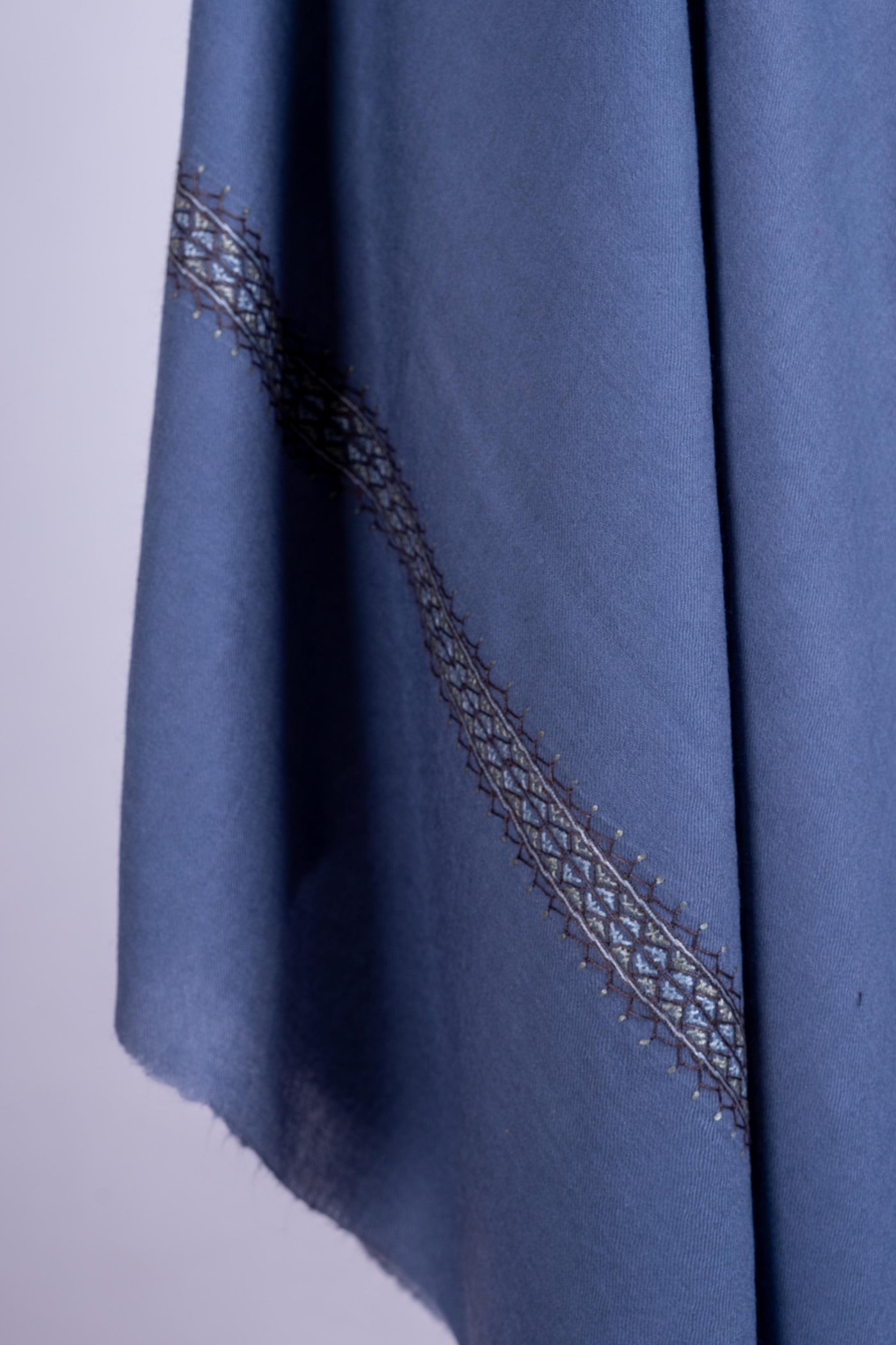 Steel Blue Grace - Hand-Embroidered Sozni Merino Wool Shawl