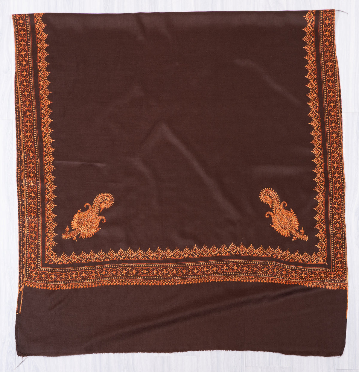 Amber Twilight Fine Merino Wool Shawl with Copper Sozni Hand Embroidered Ornamental Borders