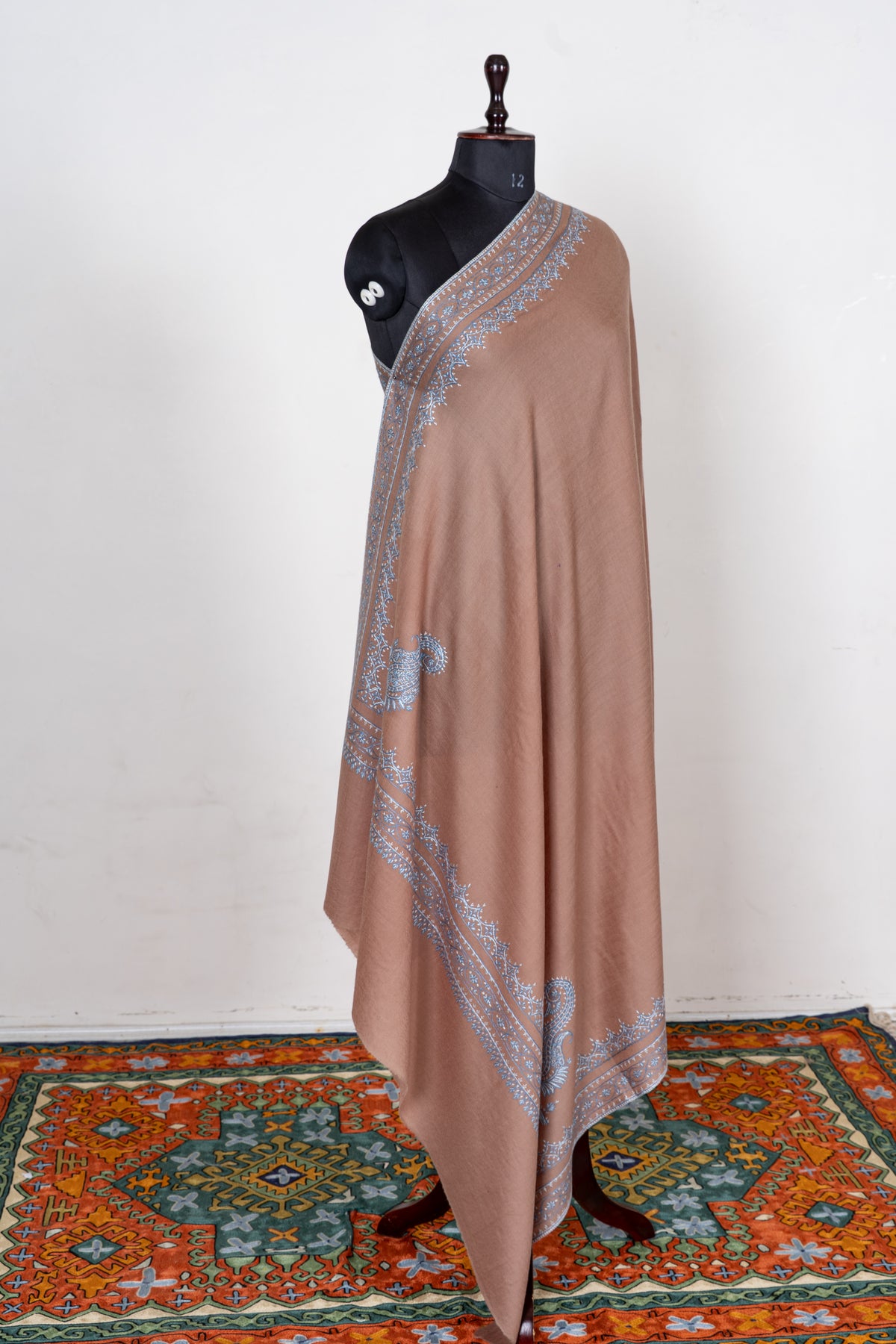 Rosewood Frost Fine Merino Wool Shawl with Silver Blue Sozni Hand Embroidered Borders