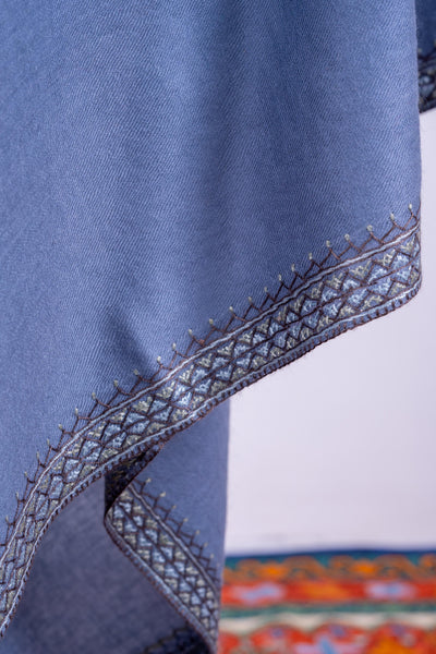 Steel Blue Grace - Hand-Embroidered Sozni Merino Wool Shawl