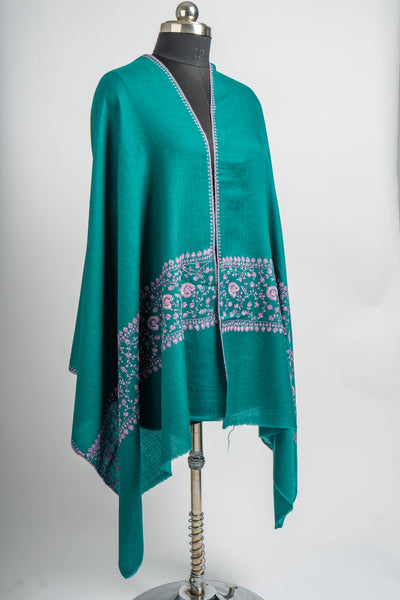 Emerald Blossom Hand Embroidered Merino Wool Sozni Scarf