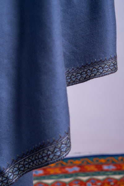 Steel Blue Grace - Hand-Embroidered Sozni Merino Wool Shawl