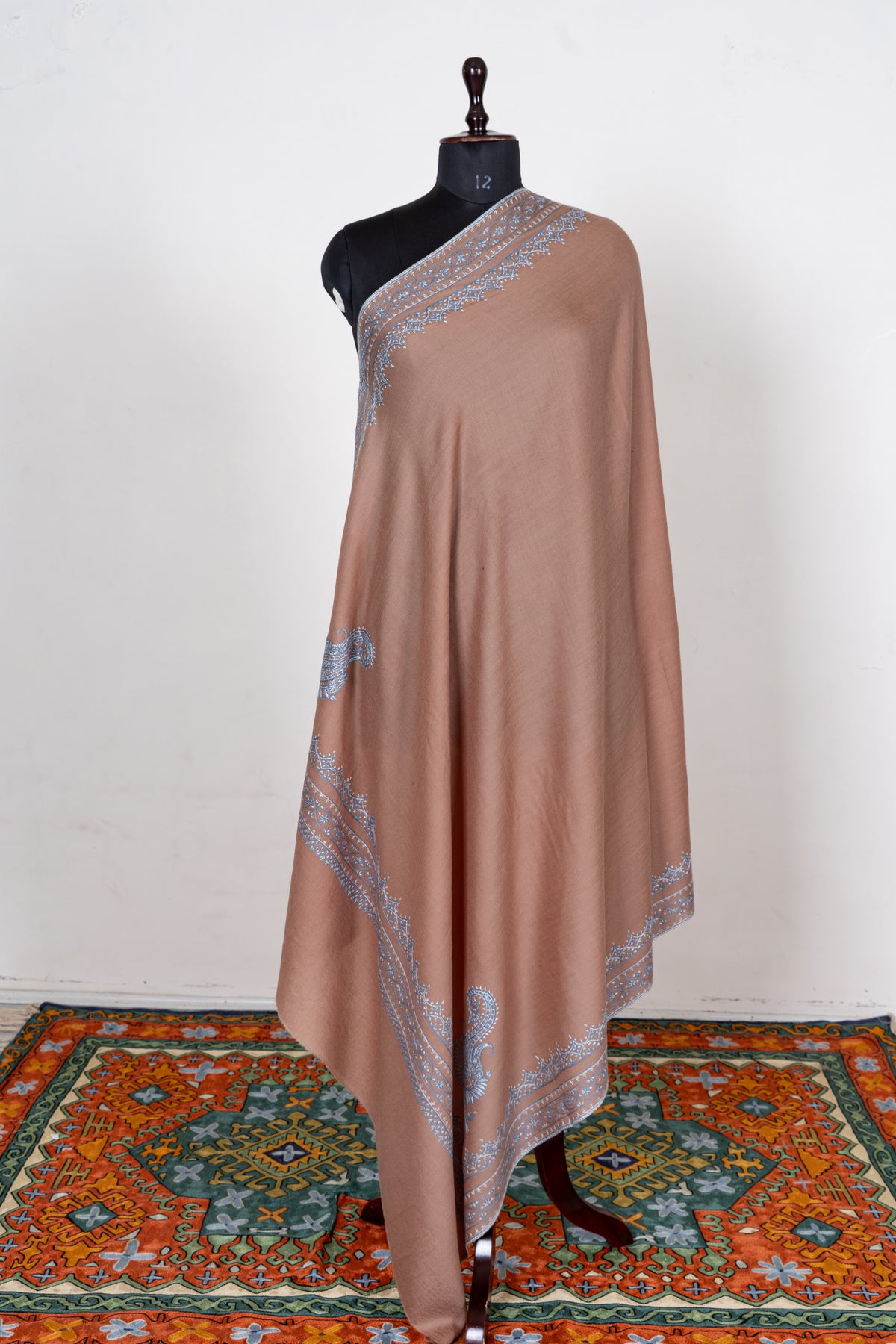 Rosewood Frost Fine Merino Wool Shawl with Silver Blue Sozni Hand Embroidered Borders