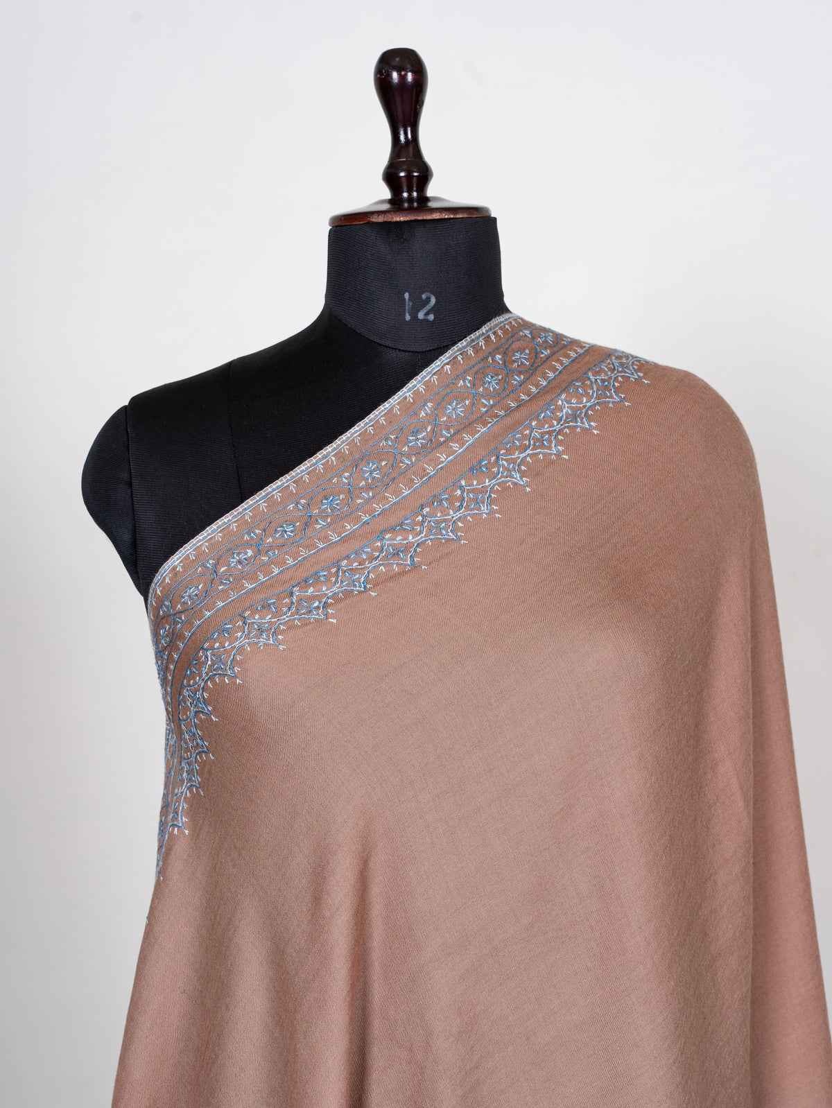 Rosewood Frost Fine Merino Wool Shawl with Silver Blue Sozni Hand Embroidered Borders