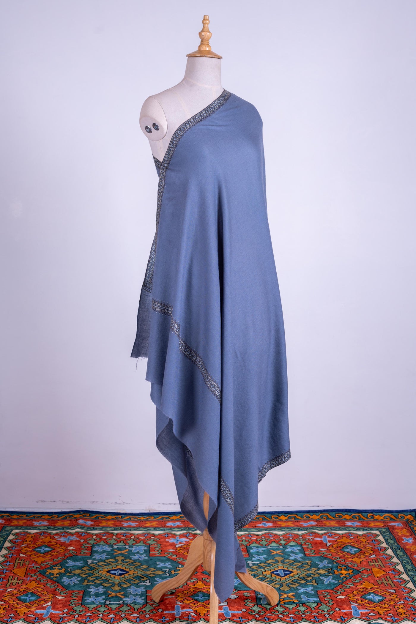 Steel Blue Grace - Hand-Embroidered Sozni Merino Wool Shawl