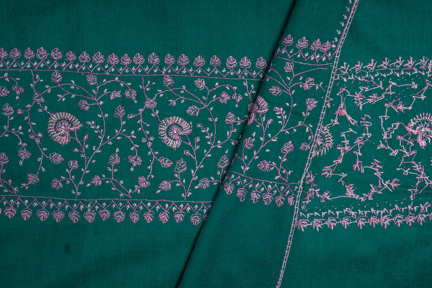 Emerald Blossom Hand Embroidered Merino Wool Sozni Scarf