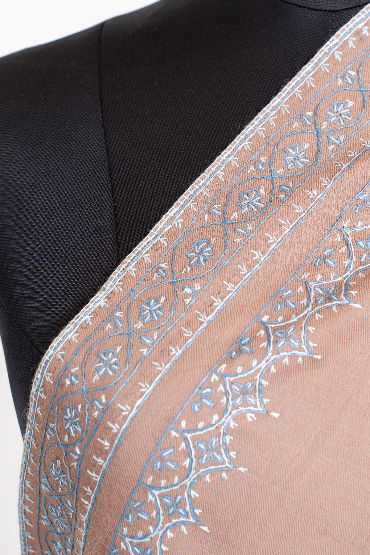 Rosewood Frost Fine Merino Wool Shawl with Silver Blue Sozni Hand Embroidered Borders