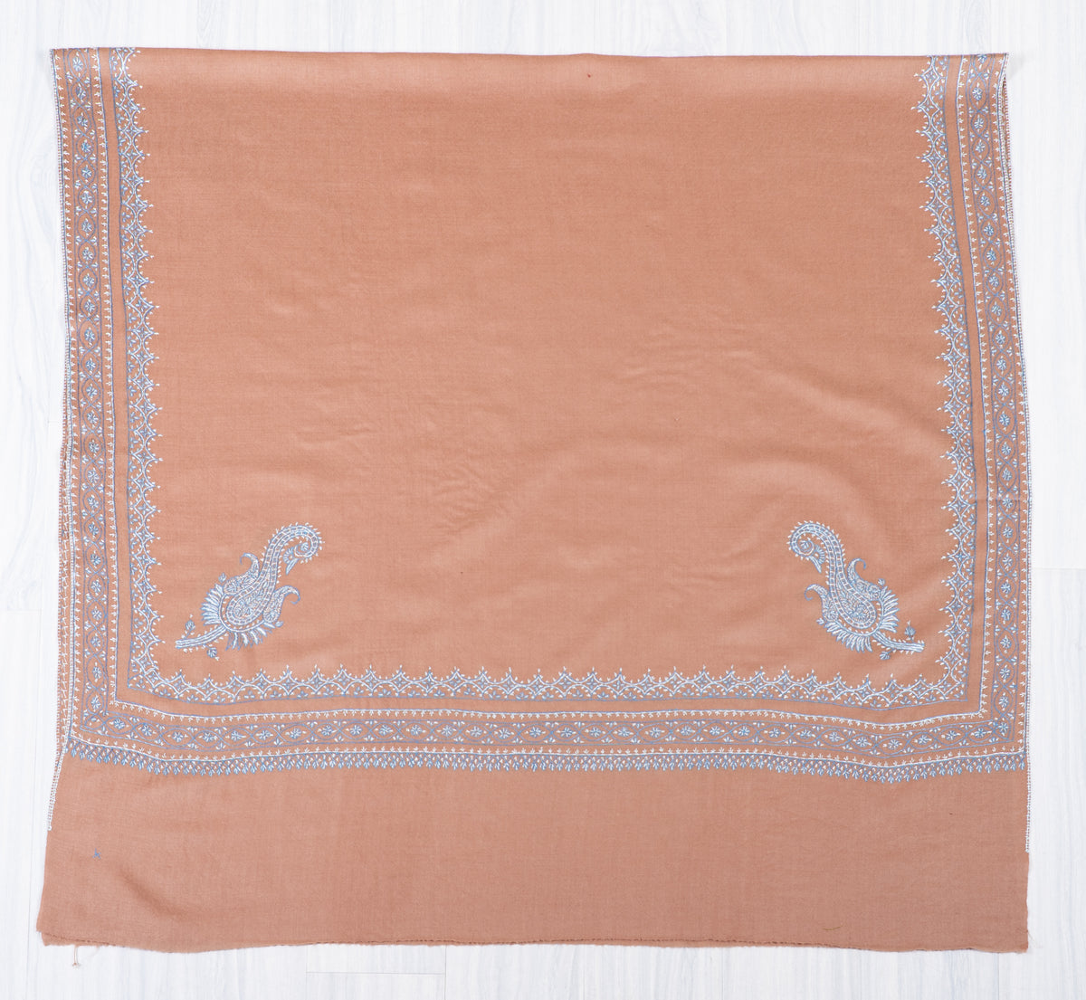 Rosewood Frost Fine Merino Wool Shawl with Silver Blue Sozni Hand Embroidered Borders