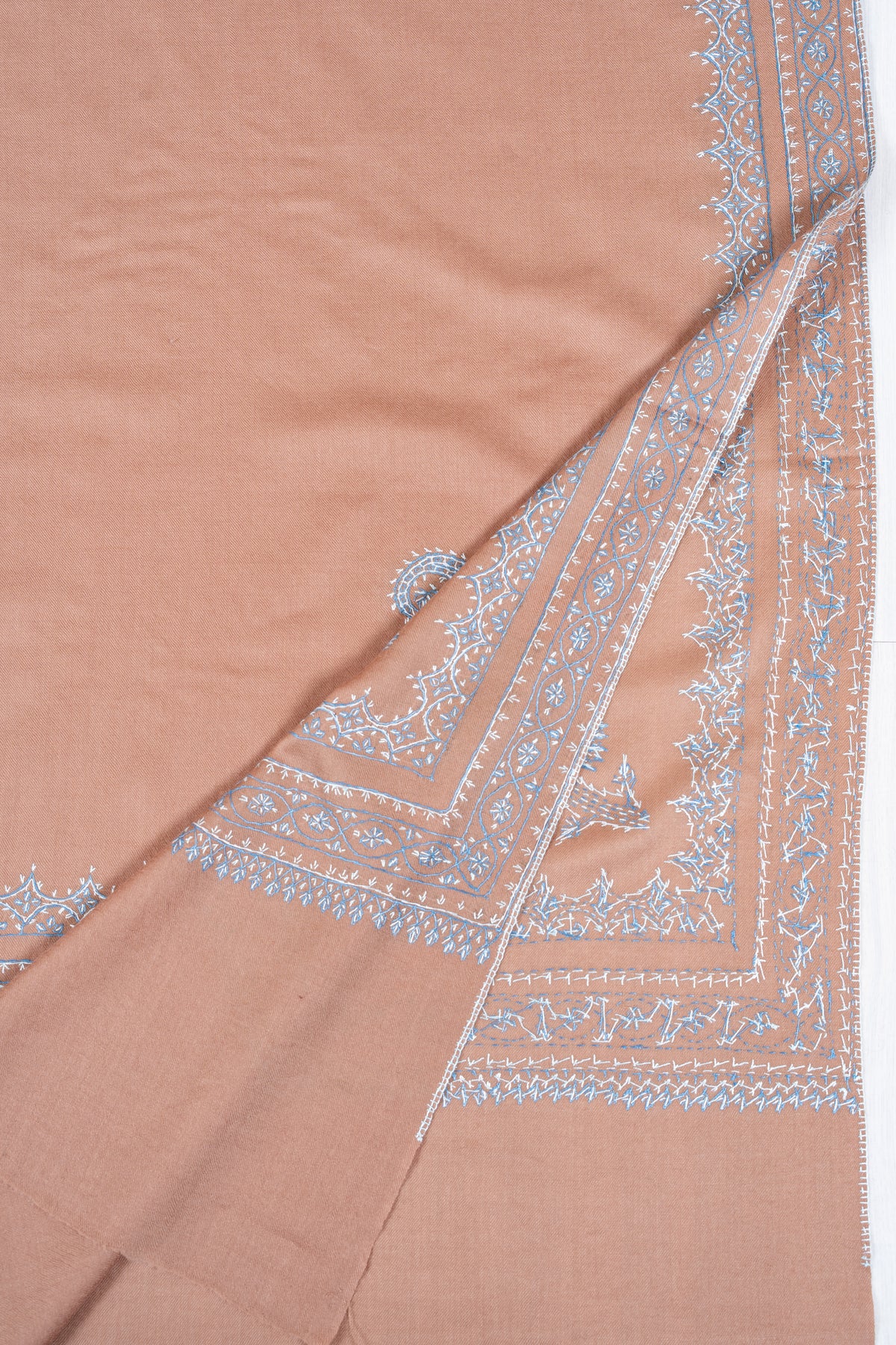 Rosewood Frost Fine Merino Wool Shawl with Silver Blue Sozni Hand Embroidered Borders