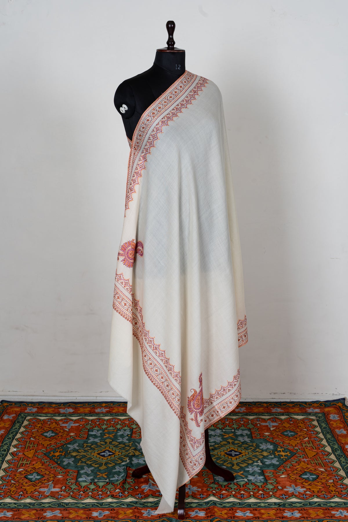 Ivory Sunset Fine Merino Wool Shawl with Coral Sozni Hand Embroidered Ornamental Borders