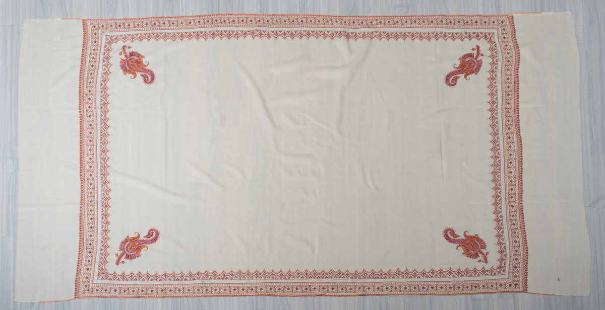Ivory Sunset Fine Merino Wool Shawl with Coral Sozni Hand Embroidered Ornamental Borders