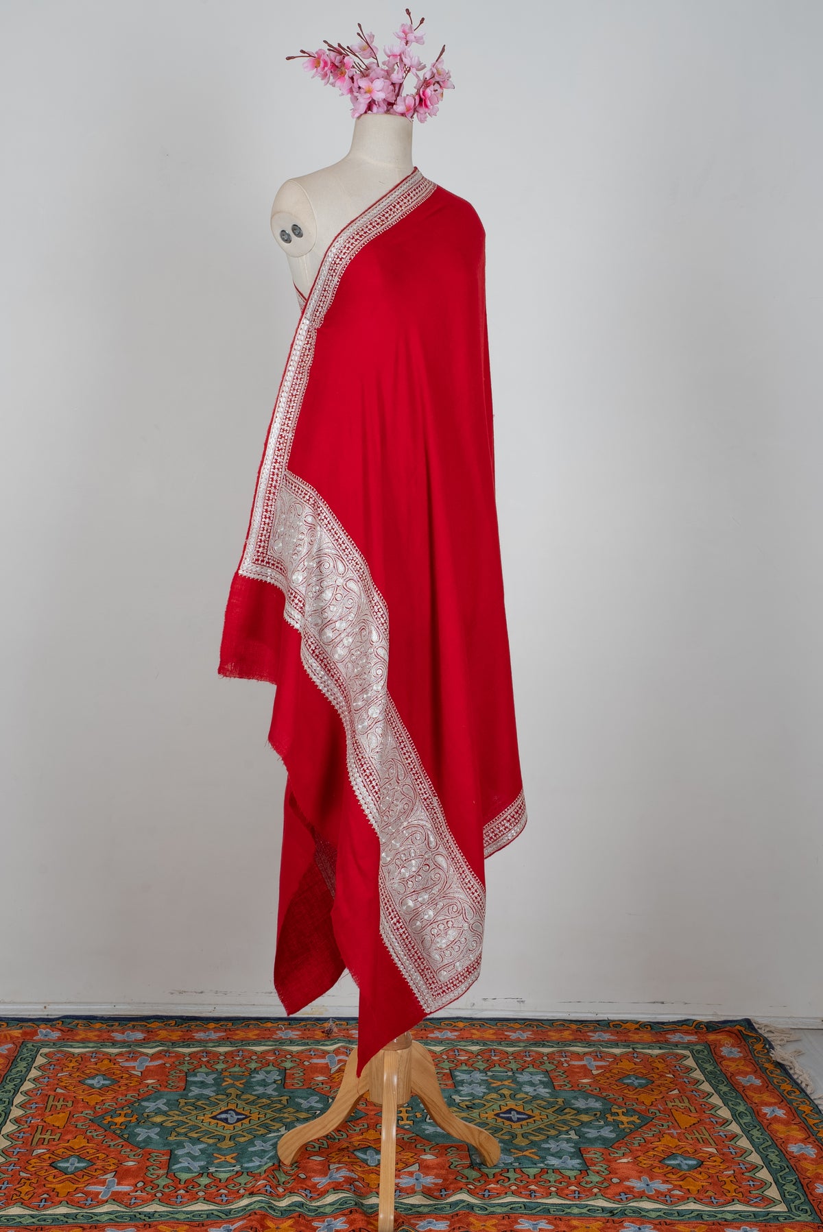 Maroon base Tilla Embroidered Fine Merino Wool Shawl