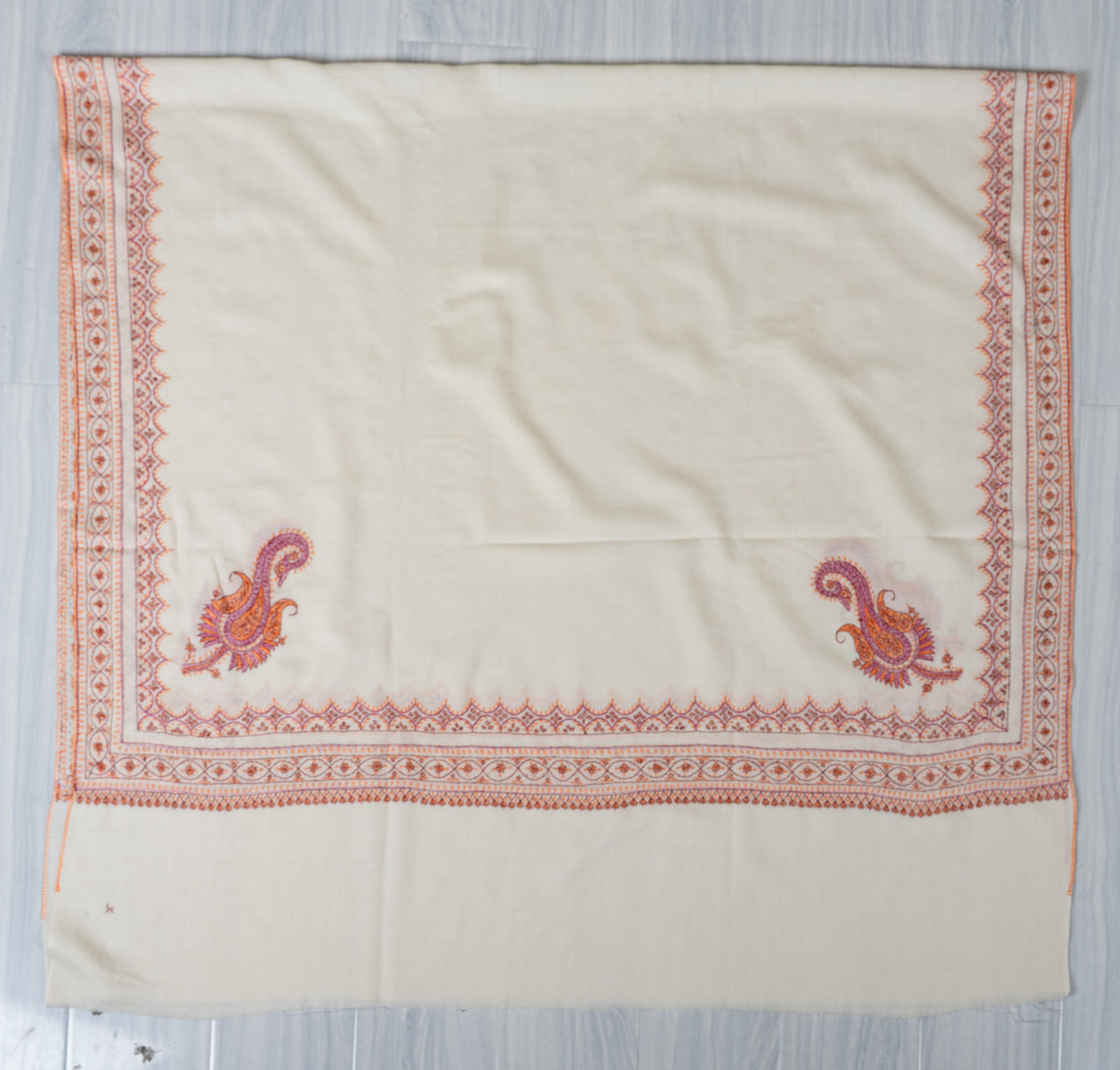 Ivory Sunset Fine Merino Wool Shawl with Coral Sozni Hand Embroidered Ornamental Borders