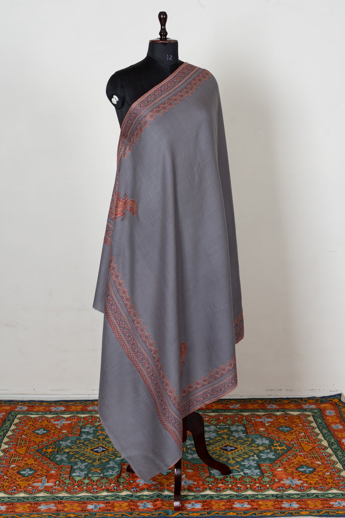 Silver Slate Fine Merino Wool Shawl with Rust Sozni Hand Embroidered Ornamental Borders