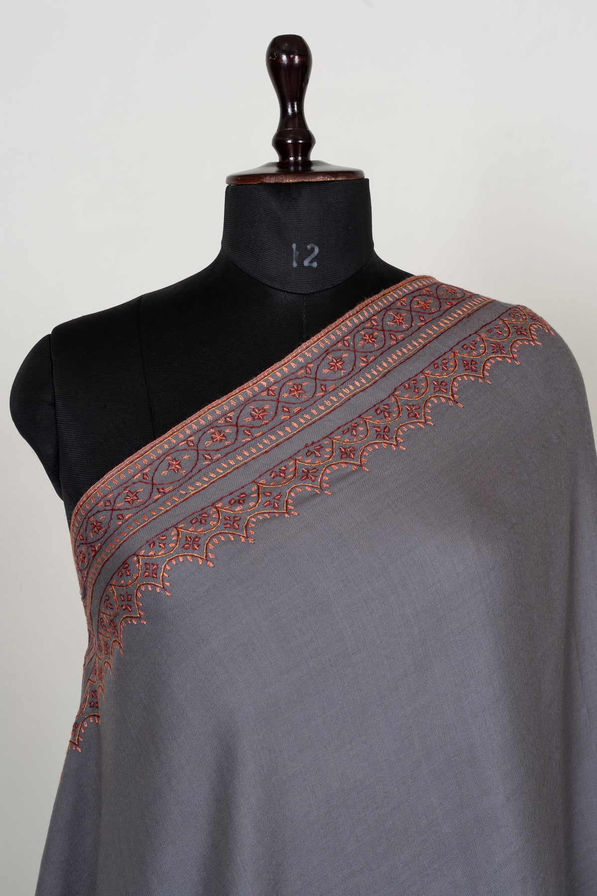 Silver Slate Fine Merino Wool Shawl with Rust Sozni Hand Embroidered Ornamental Borders