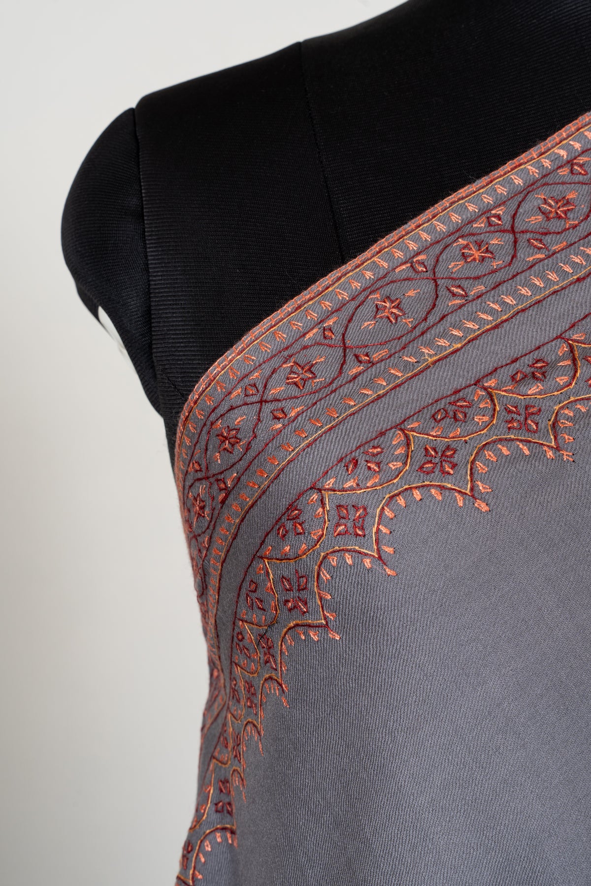Silver Slate Fine Merino Wool Shawl with Rust Sozni Hand Embroidered Ornamental Borders