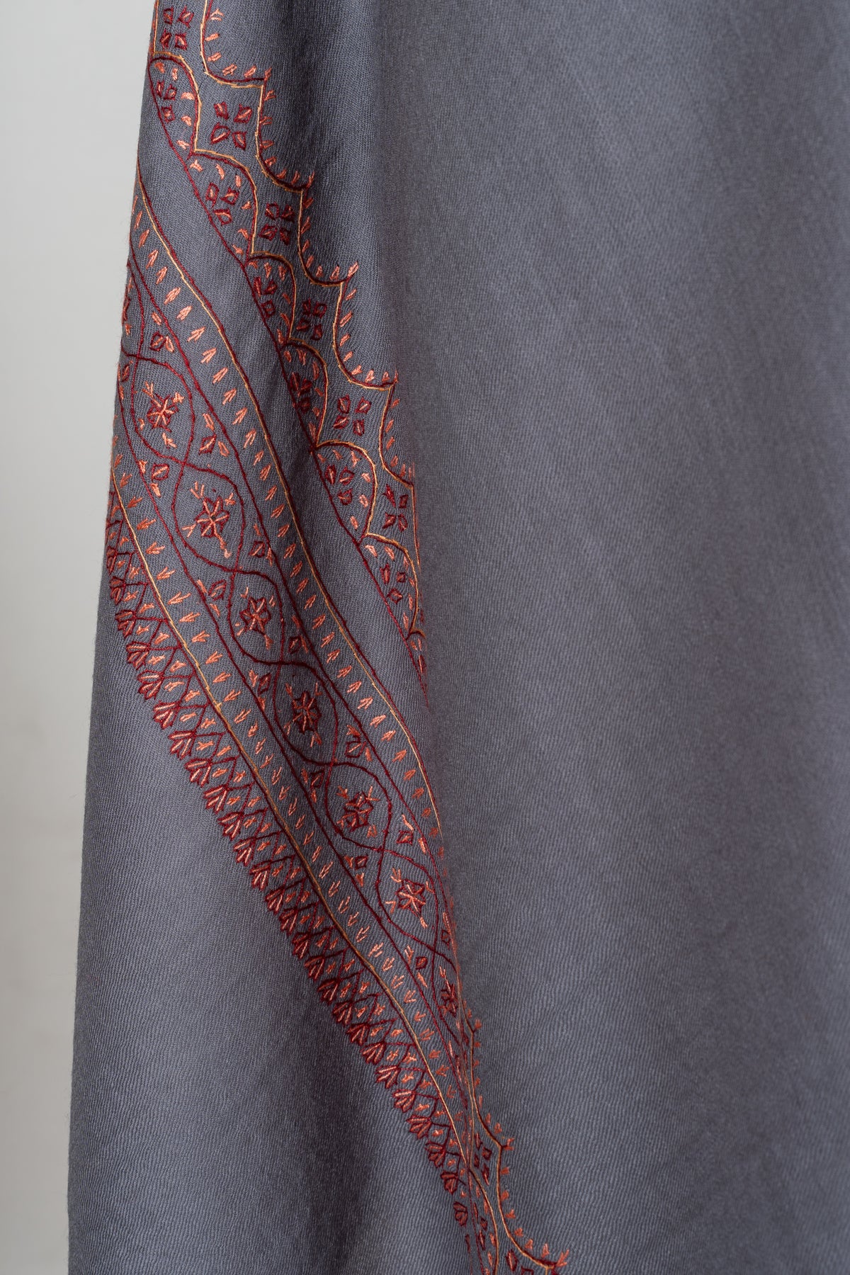 Silver Slate Fine Merino Wool Shawl with Rust Sozni Hand Embroidered Ornamental Borders