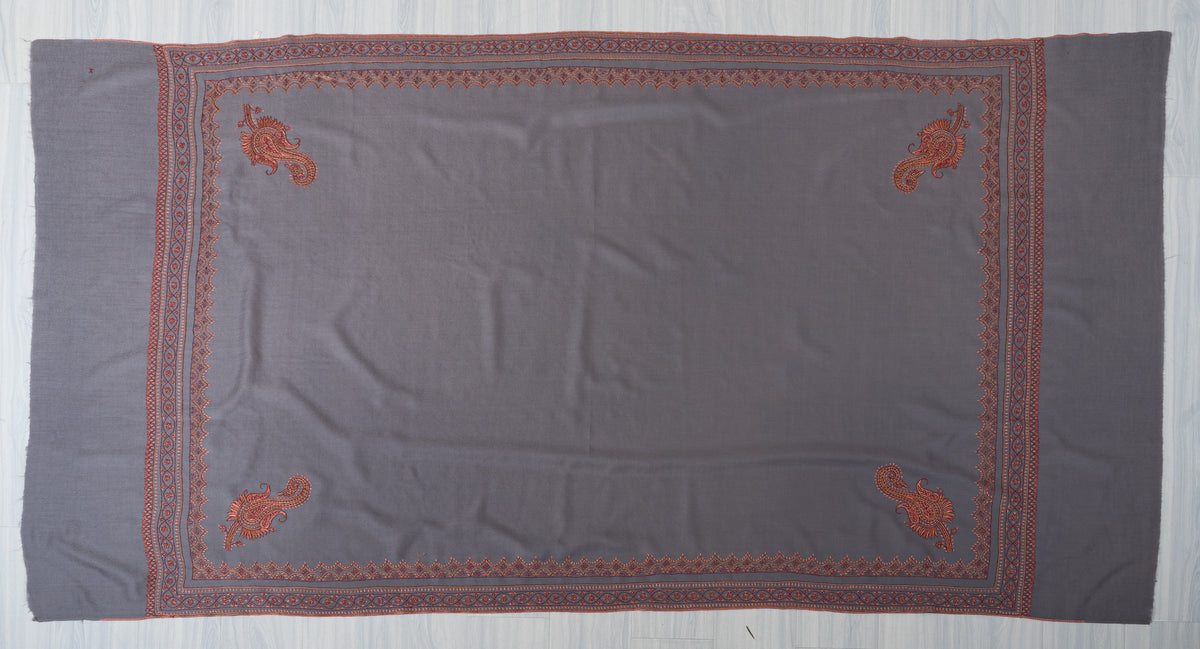 Silver Slate Fine Merino Wool Shawl with Rust Sozni Hand Embroidered Ornamental Borders