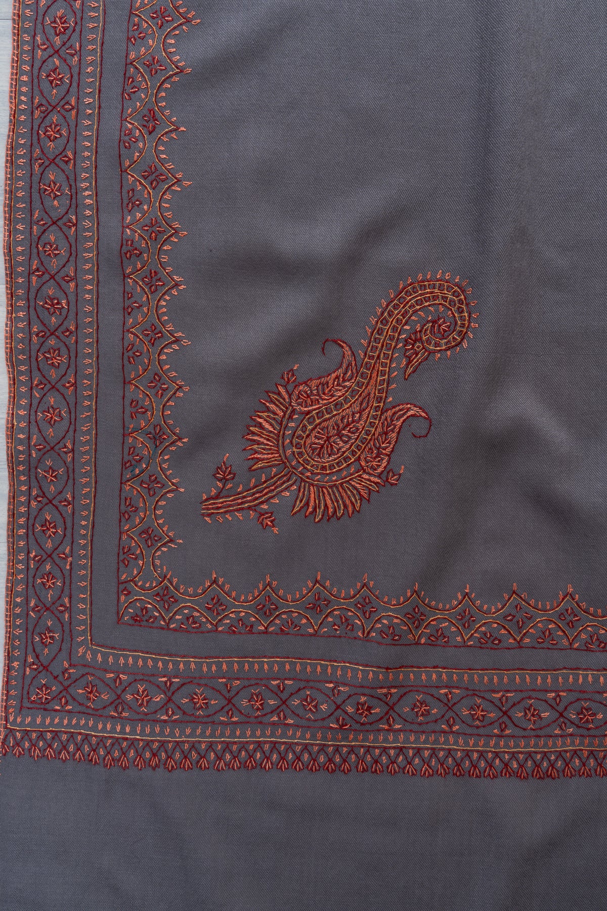Silver Slate Fine Merino Wool Shawl with Rust Sozni Hand Embroidered Ornamental Borders