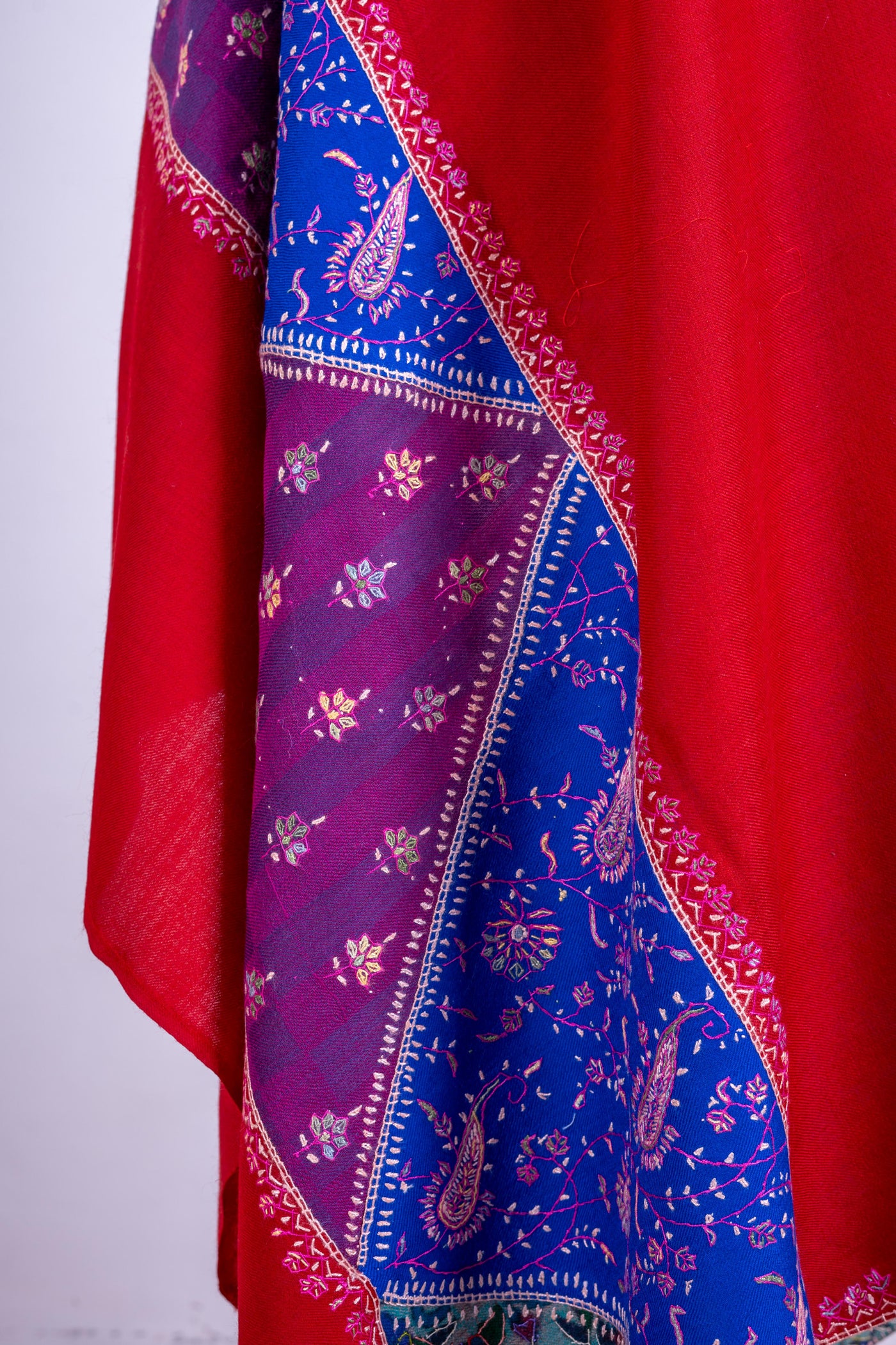 Ruby Glamour - Hand-Embroidered Sozni Fine Merino Wool Shawl