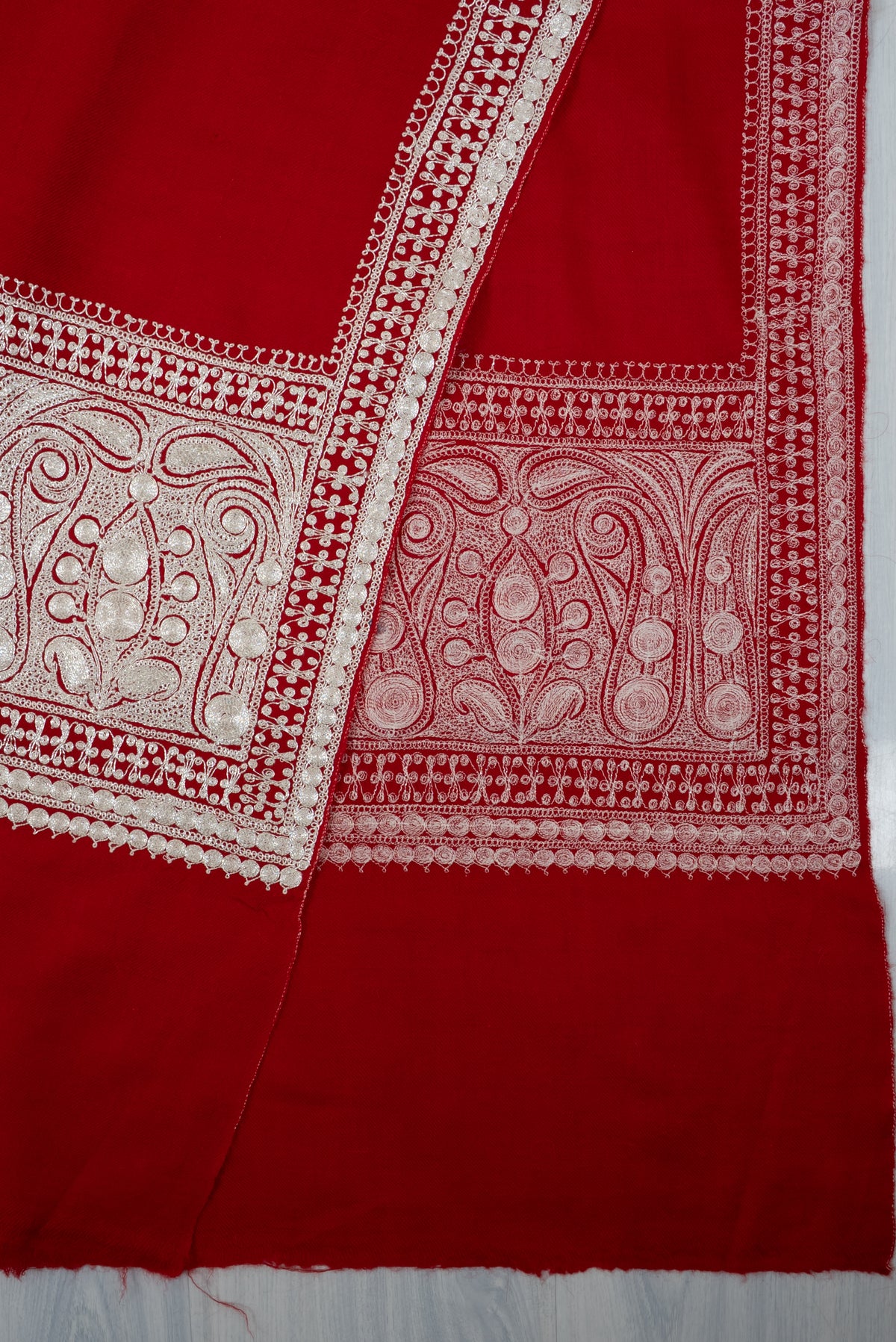 Maroon base Tilla Embroidered Fine Merino Wool Shawl