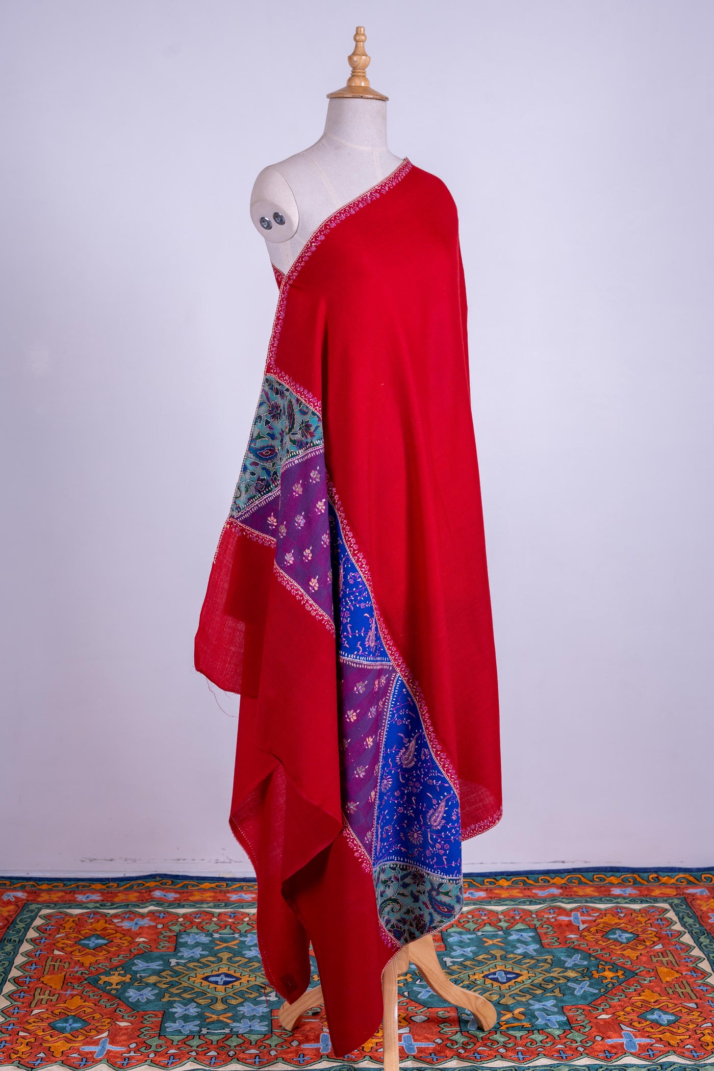 Ruby Glamour - Hand-Embroidered Sozni Fine Merino Wool Shawl