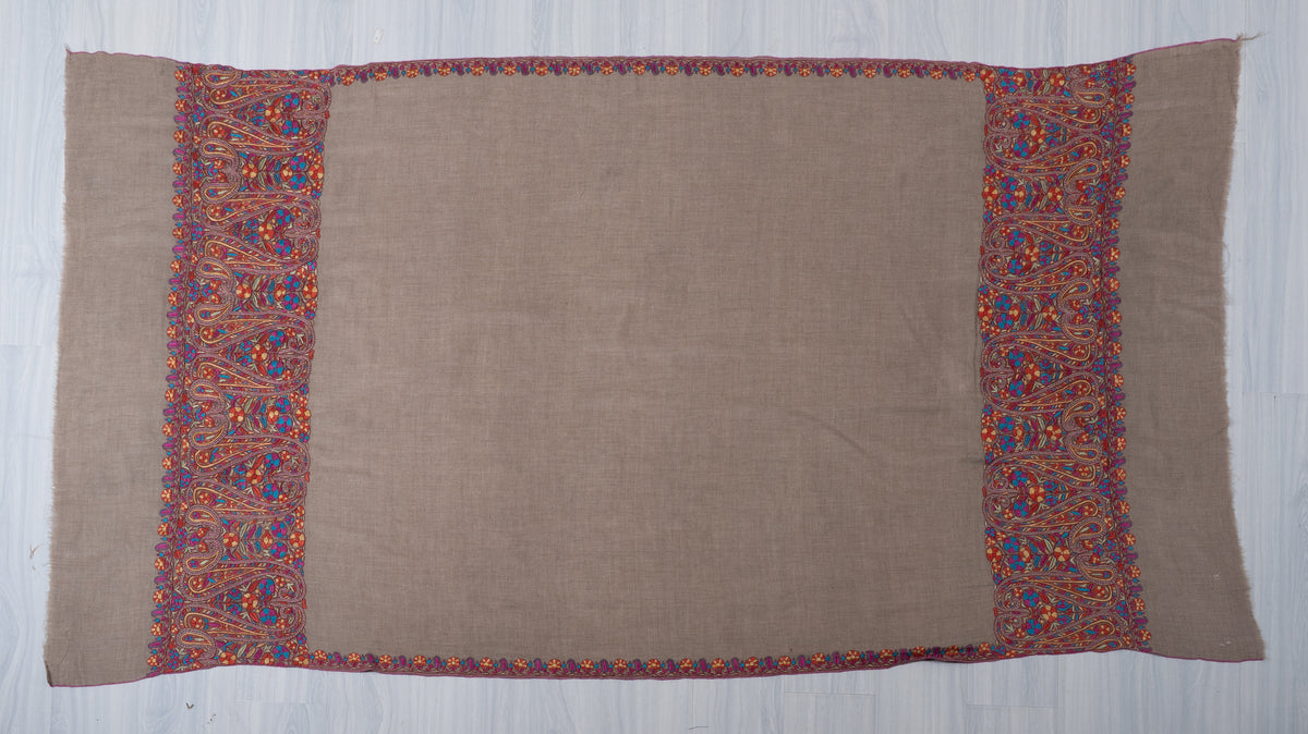 Sandstone Elegance Pure Pashmina Shawl with Vibrant Sozni Hand Embroidered Paisley Borders