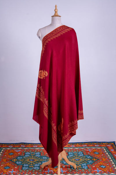 Crimson Glory - Hand-Embroidered Sozni Fine Merino Wool Shawl