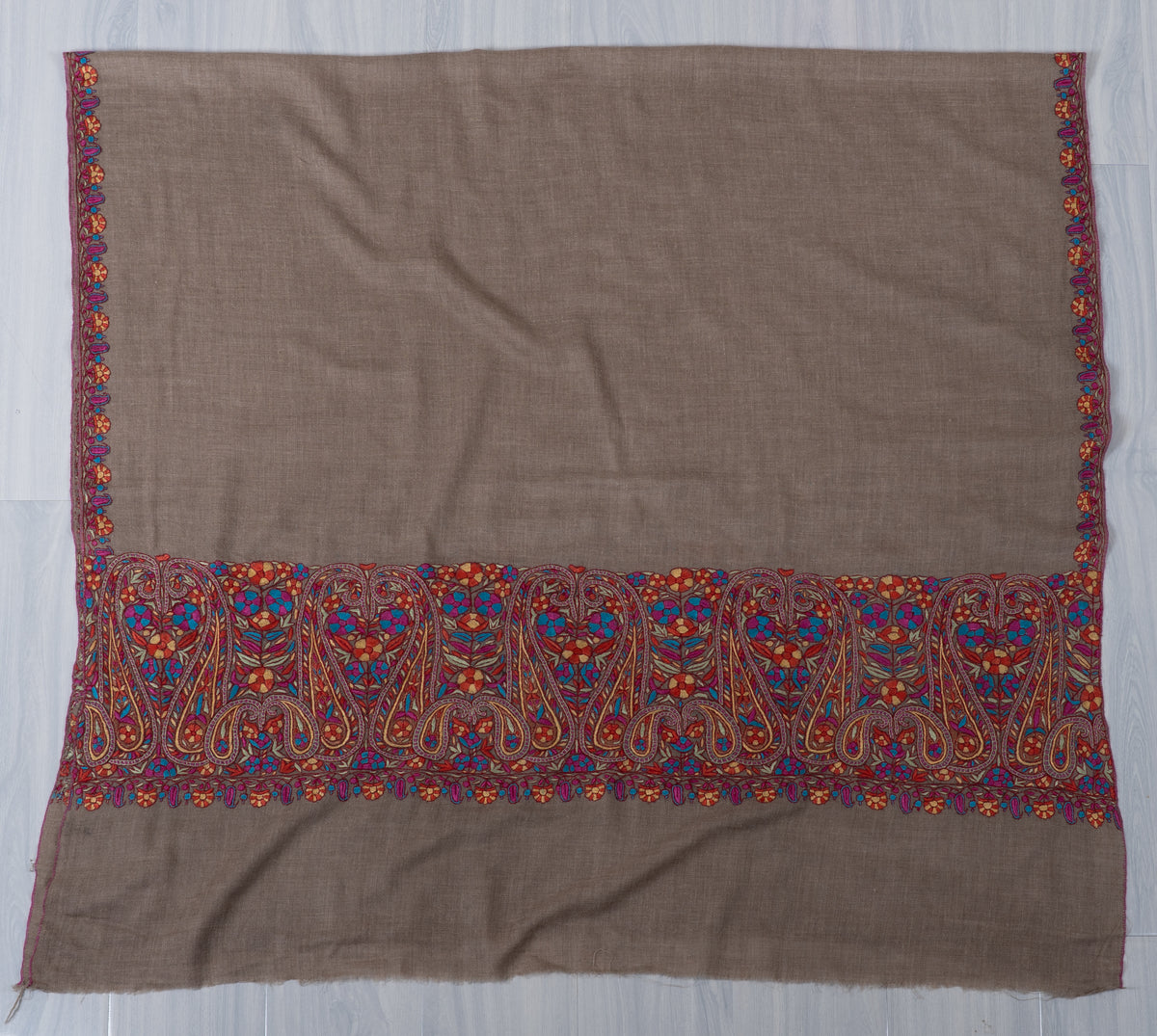 Sandstone Elegance Pure Pashmina Shawl with Vibrant Sozni Hand Embroidered Paisley Borders