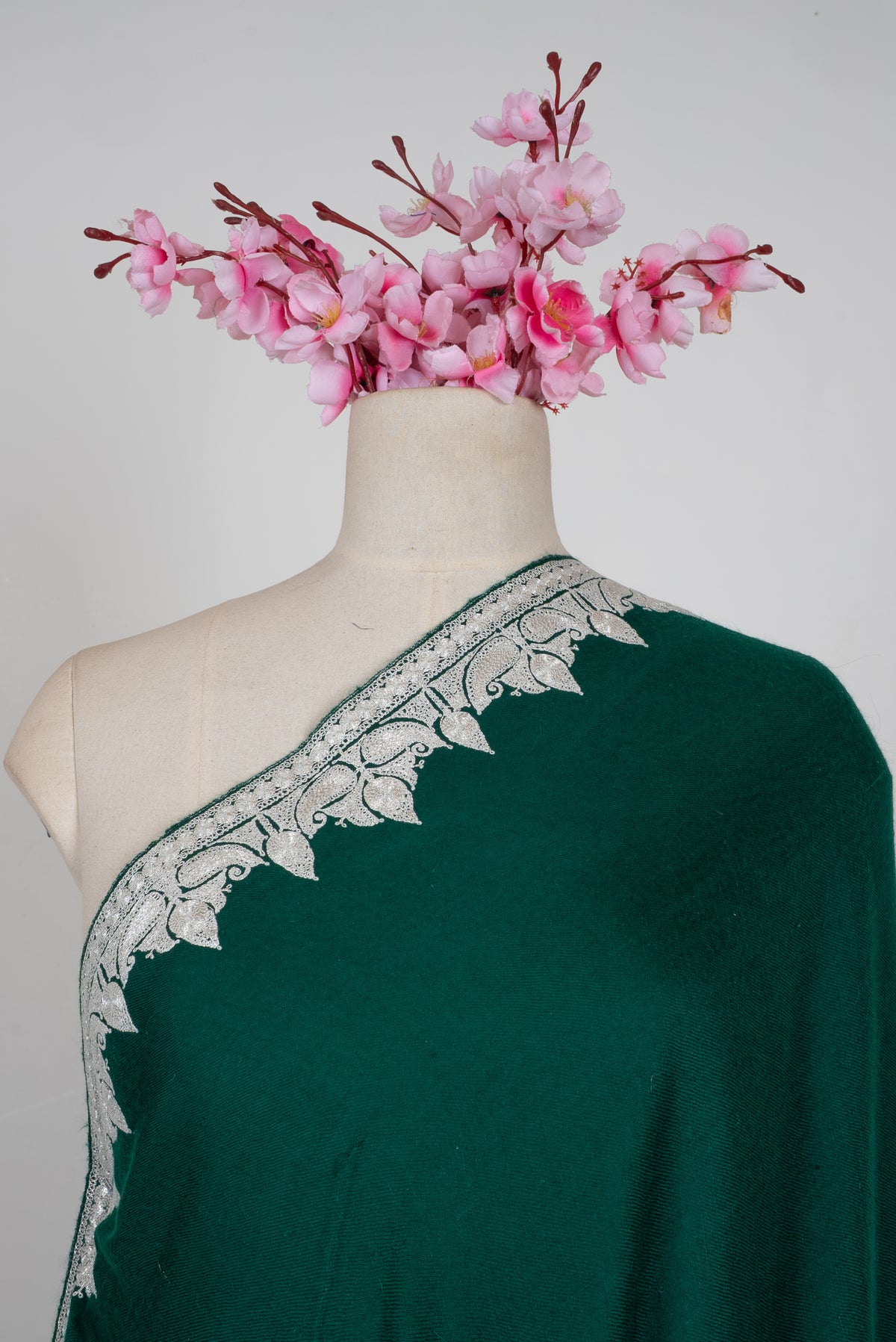 Emerald Veil Tilla Machine Embroidered fine merino wool Shawl