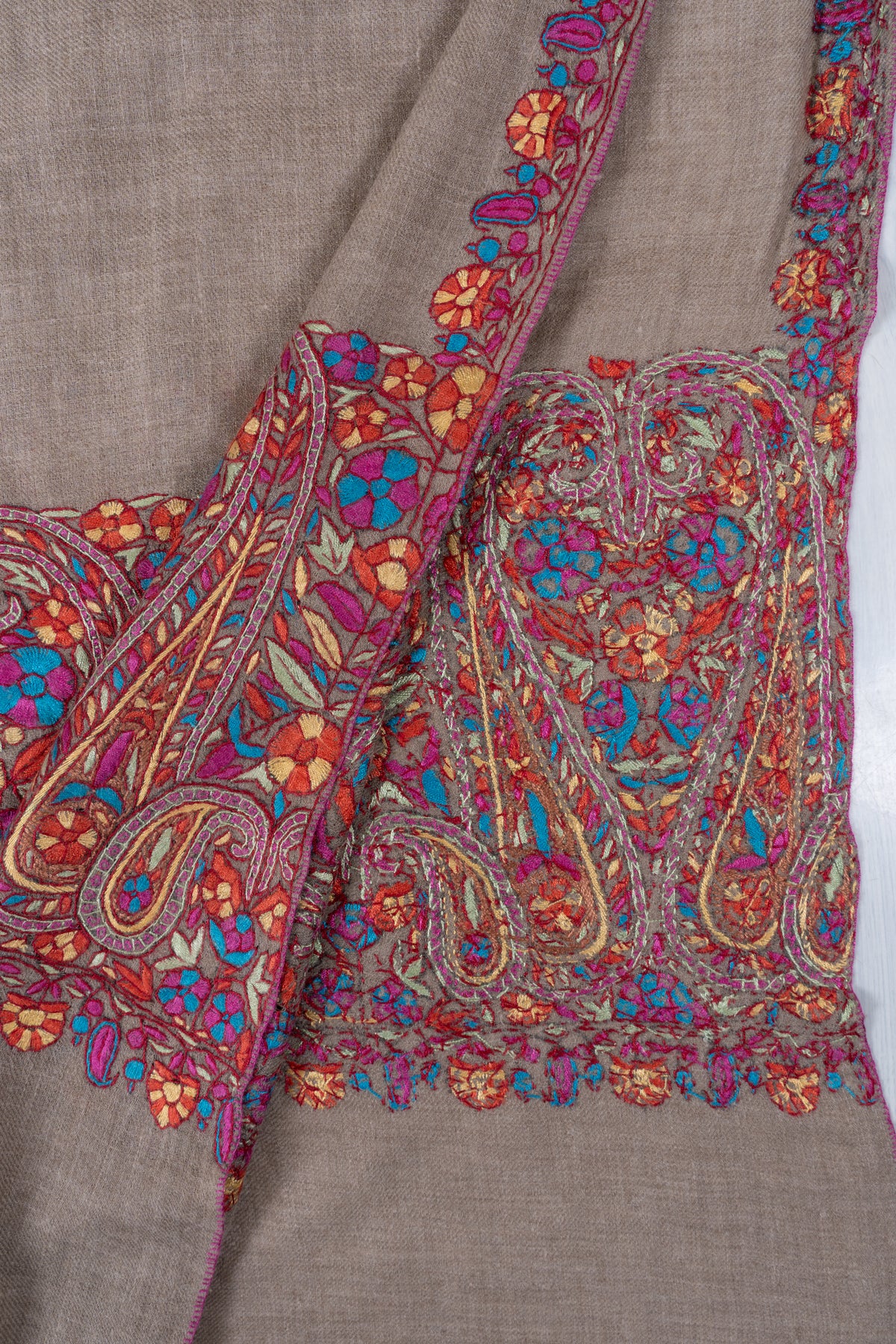 Sandstone Elegance Pure Pashmina Shawl with Vibrant Sozni Hand Embroidered Paisley Borders