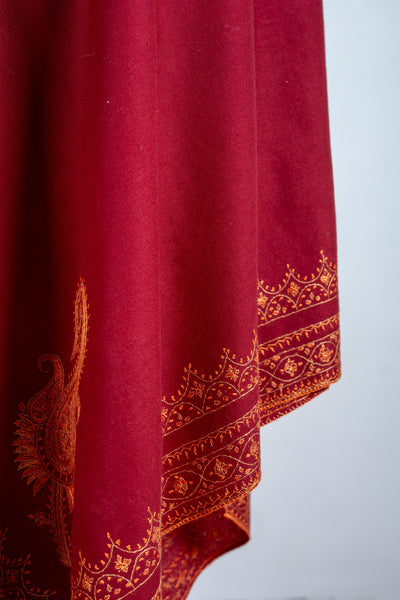 Crimson Glory - Hand-Embroidered Sozni Fine Merino Wool Shawl