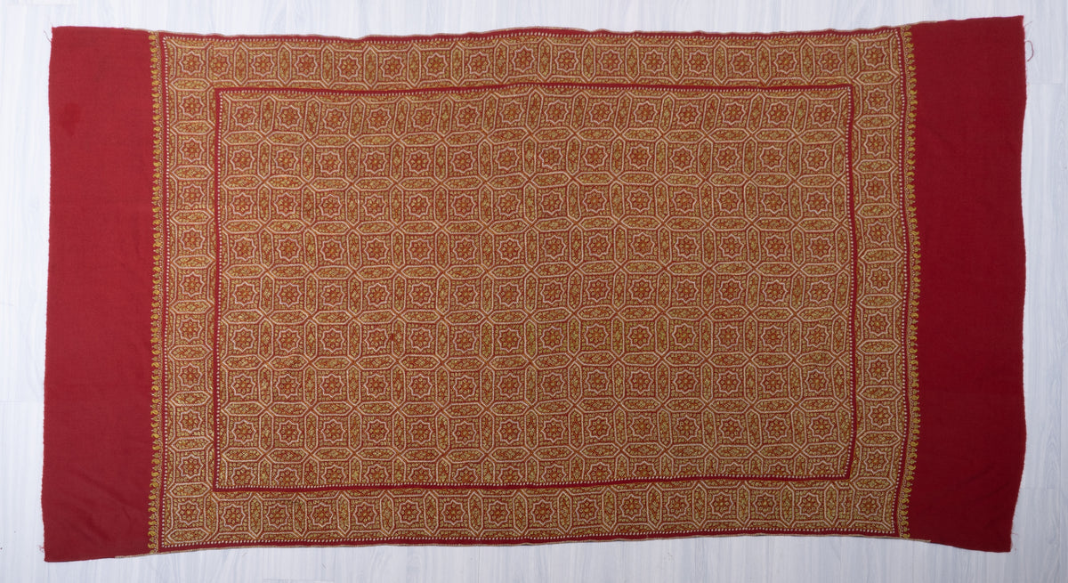 Royal Garnet Fine Merino Wool Shawl with Golden Sozni Hand Embroidered Geometric Patterns