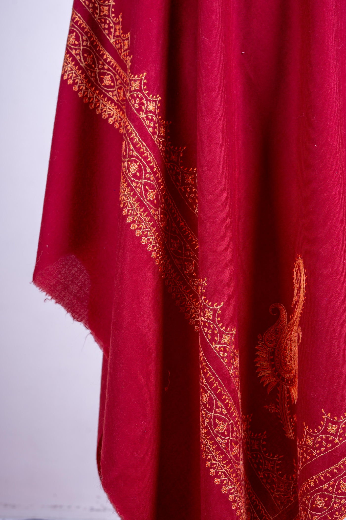 Crimson Glory - Hand-Embroidered Sozni Fine Merino Wool Shawl