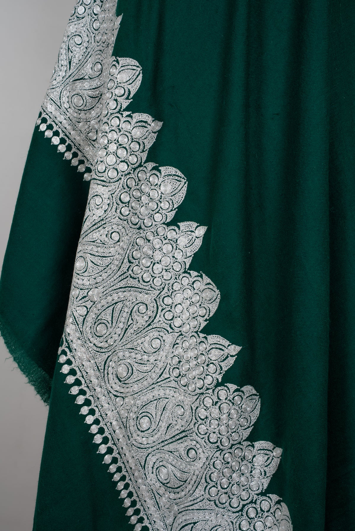 Emerald Veil Tilla Machine Embroidered fine merino wool Shawl