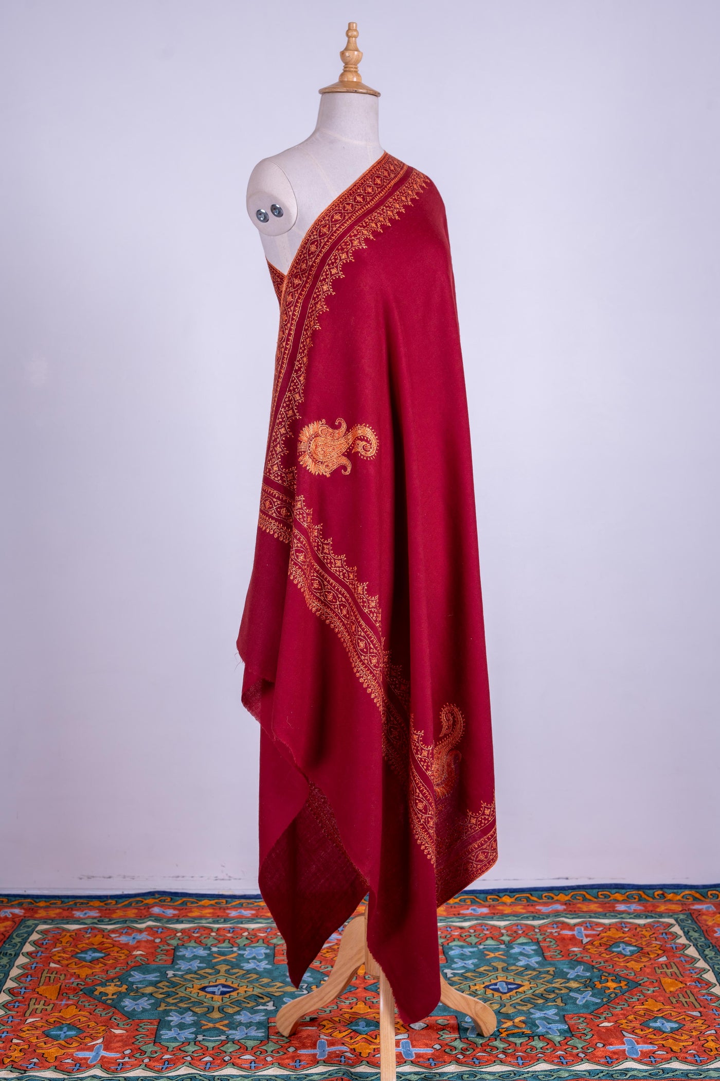 Crimson Glory - Hand-Embroidered Sozni Fine Merino Wool Shawl