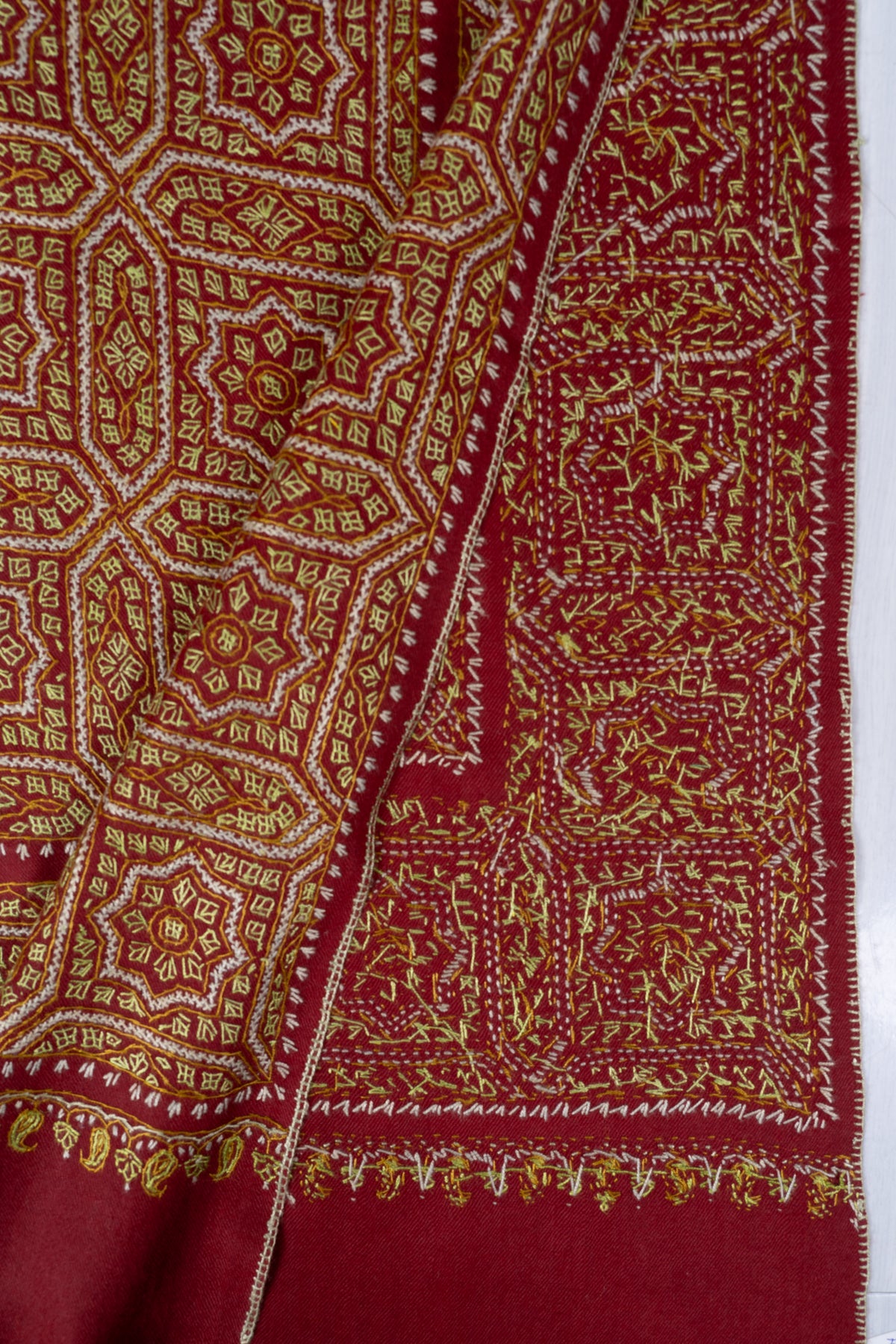 Royal Garnet Fine Merino Wool Shawl with Golden Sozni Hand Embroidered Geometric Patterns