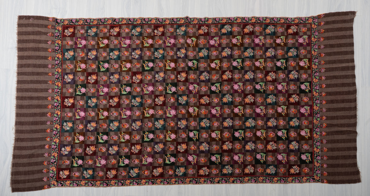 Autumn Tapestry Sozni Hand Embroidered Pure Pashmina Shawl with Multicolored Floral Checks