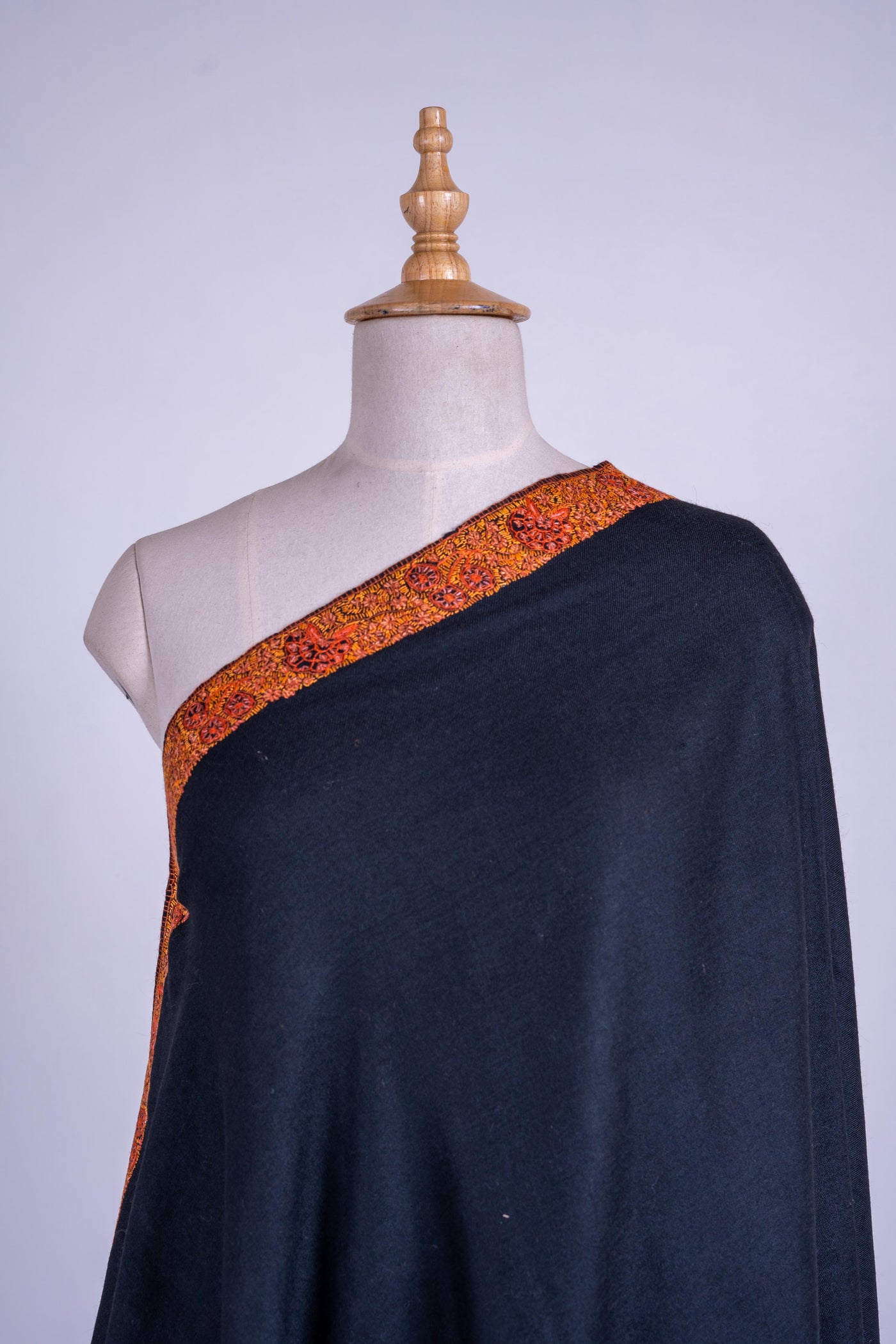 Midnight Luxe - Fine Merino Wool Shawl with Hand-Embroidered Sozni Borders